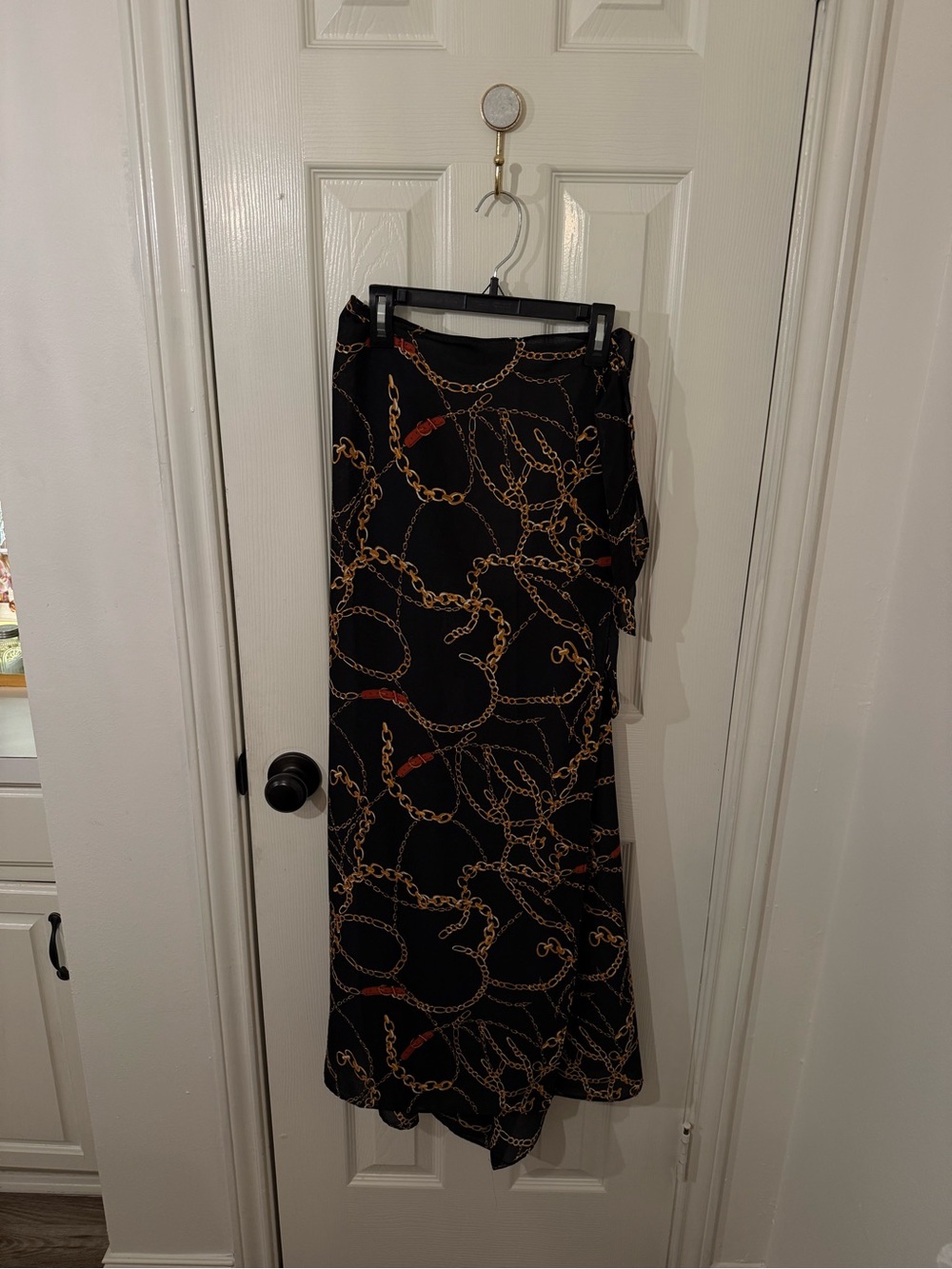 Walter Baker Black Maxi Skirt with Gold Chain Print and Red Accents